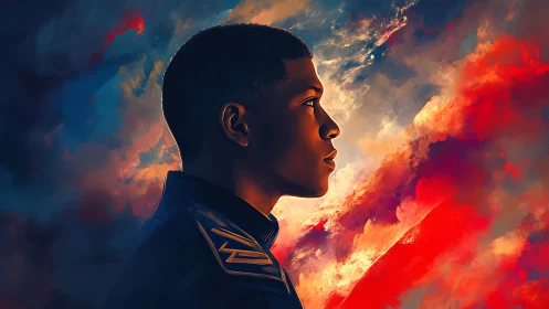 Young officer profile against vivid storm sky glows bright