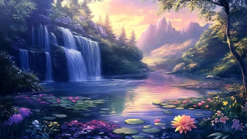 Sunlit waterfall garden unfolds beside a tranquil lily pond