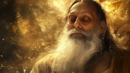 Serene elder meditates within radiant cosmic golden aura