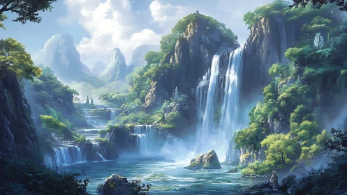 Whispering tiered waterfalls in a mist-laced emerald valley.