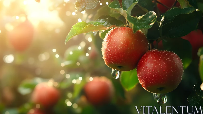 Sunlit dewy apples glowing softly on a fresh orchard morning.