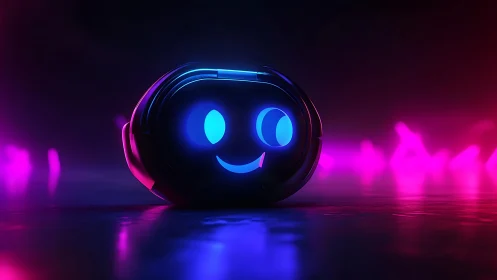 Glowing neon robot face with playful smile in dark studio.