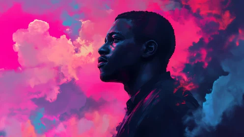 Profile portrait silhouettes man against neon storm clouds