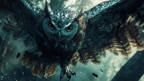Majestic Owl in Flight, Dramatic Forest Setting, Cinematic Style.