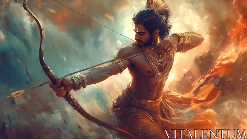 Digital painting of mythic archer in dynamic diagonal composition.