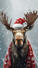 Snow-dusted Christmas moose in cozy scarf and Santa hat.
