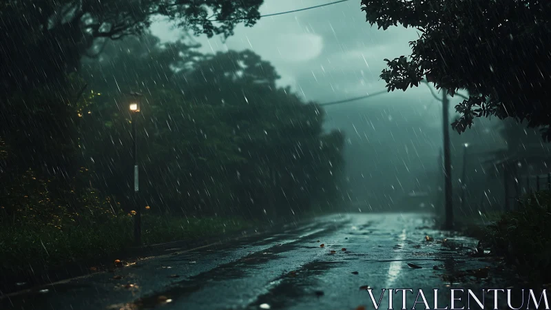 Rain-soaked forest road glows under a lone streetlamp.