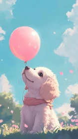 Puppy daydreams beneath a pink balloon in petal bright air