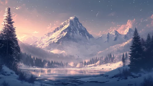 Digital painting of alpine winter lake under rosy dusk light.