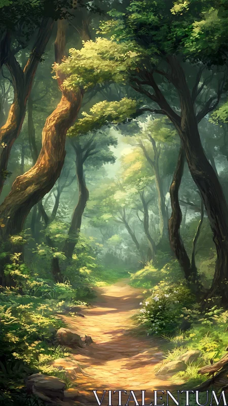 Luminous Woodland Cathedral: Sunlit Path Through Ancient Trees.