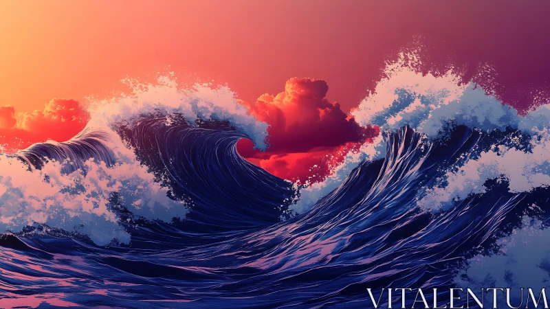 Crashing neon waves rise beneath a blazing painted sunset