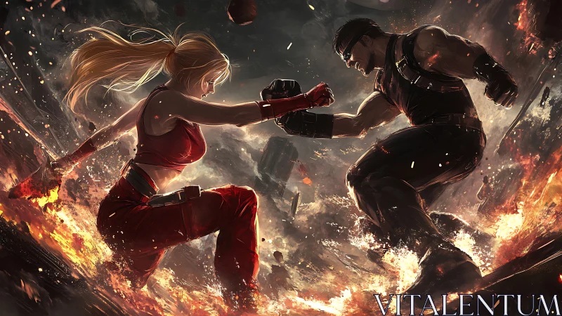 Two cyber warriors clash in a fiery apocalyptic arena