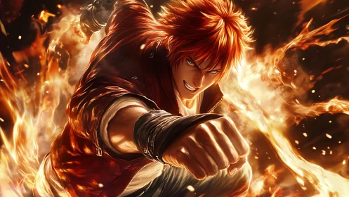 Blazing punch hero charging through a storm of vivid flames.