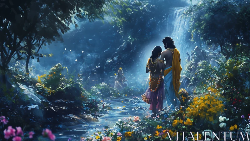 Divine couple walking by river in lush moonlit forest