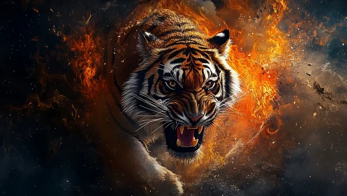 Tiger head advances through stylized flame and debris field
