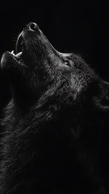 High-contrast lateral portrait of howling black wolf in dark field