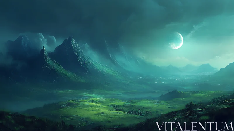 Alien moon over misty green valley and sharp peaks.