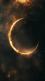 Crescent fire moon arcs through deep star-dusted nebula.