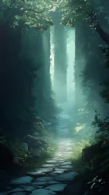 Luminous Stone Path Through Misty Forest Canopy.