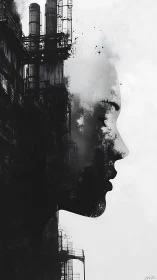 Industrial silhouette merges human profile with rising smoke