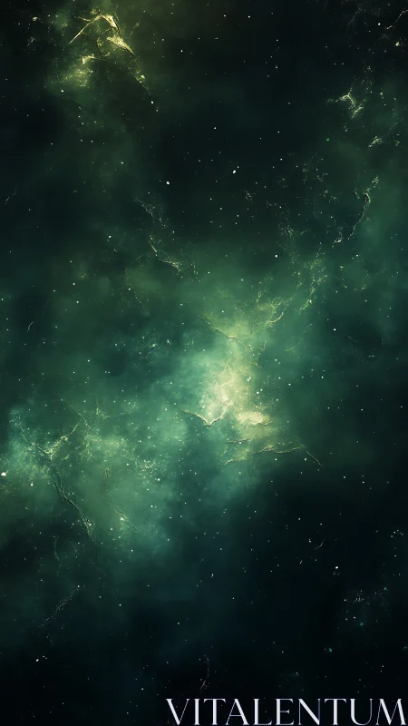 Soft green nebula drifting through a star-dusted night sky.