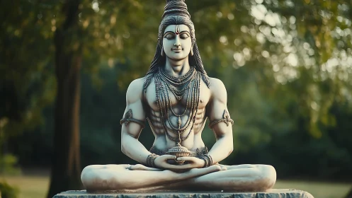 Serene Shiva statue rests in meditative stillness outdoors