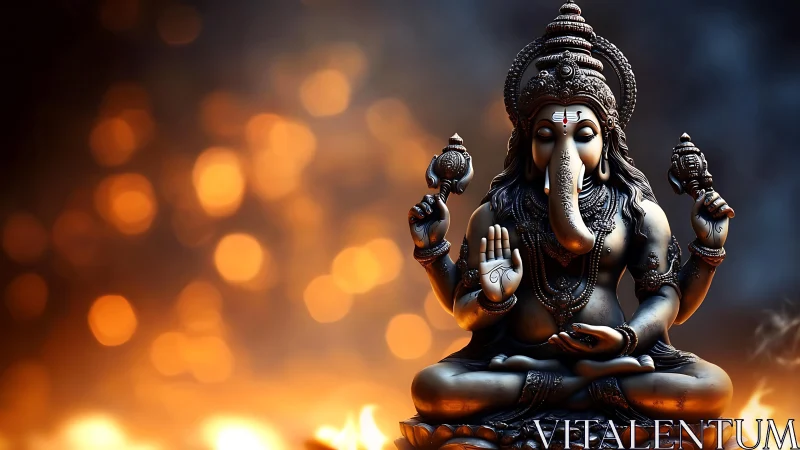 Elephant-headed deity sculpture in fiery bokeh-lit environment.