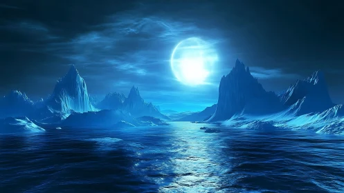 Shimmering blue moonlight gently crowns an icy dream sea