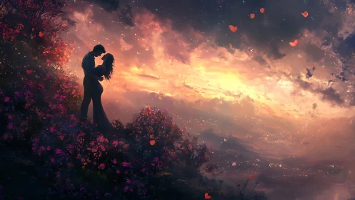 Silhouetted couple kissing amid purple flowers and golden sunset