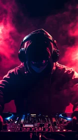 Hooded night pilot bends neon smoke into pulsing soundwaves