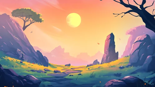 Sunlit fantasy valley under vivid pastel sky at dusk.