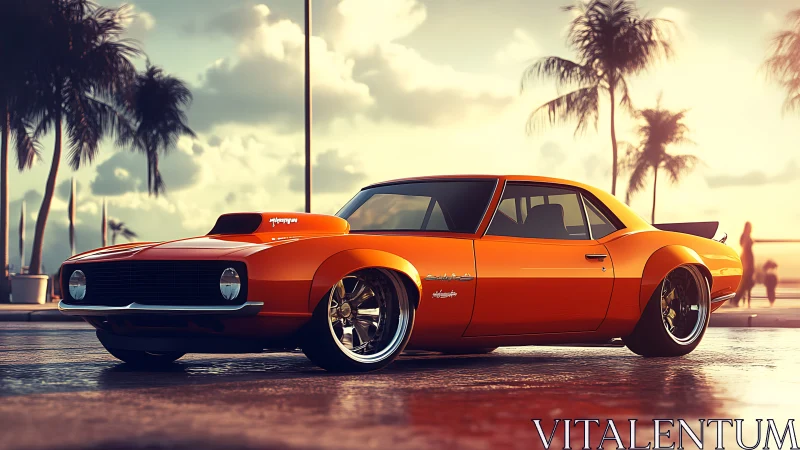 Low-slung orange muscle car rendered with cinematic rim lighting