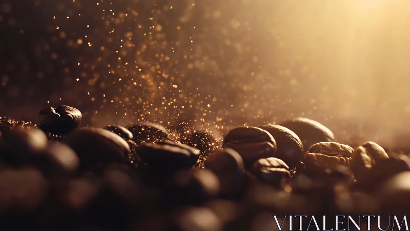 Roasted coffee beans under warm golden backlight glow.