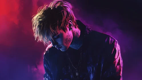 Moody neon portrait of tattooed young man in profile.