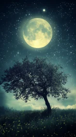 Solitary moonlit tree glows softly under a starry sky