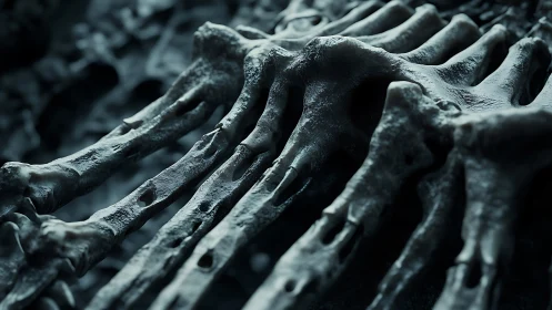 Close skeletal structure with eroded vertebrae in focus.