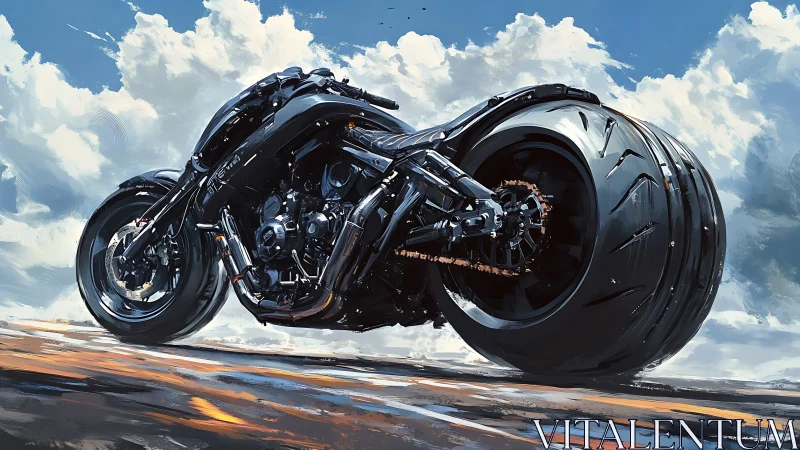 Futuristic drag motorcycle dominates low sky perspective.