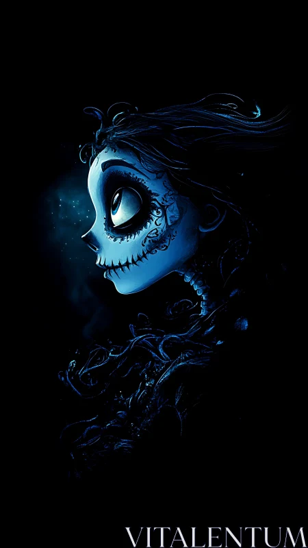 Blue skeletal profile of stylized female figure on black.