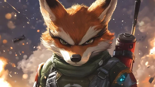 Battle-scorched fox pilot stares down the burning horizon.