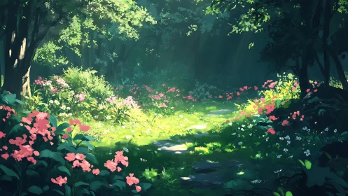Sunlit Forest Clearing With Flowering Garden Path.