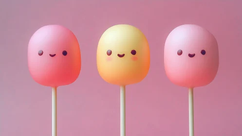 Three Anthropomorphic Lollipops with Gradient Renders on Soft Background