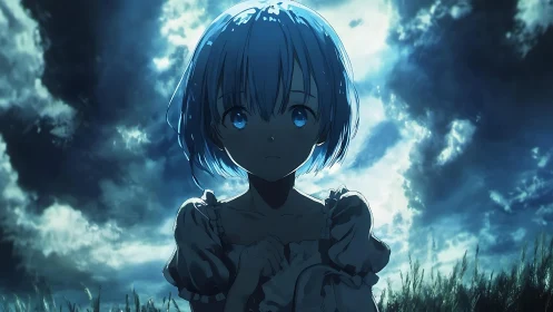 Blue haired girl stands under storm lit twilight sky
