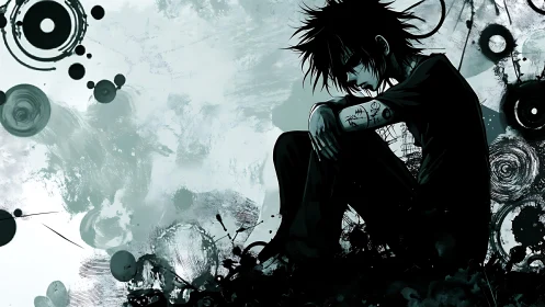 Moody ink-splatter anime portrait with grunge abstraction.