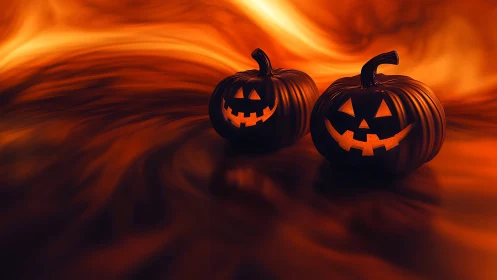 Pumpkin pals glowing in a swirling Halloween twilight.
