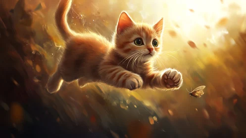 Ginger Kitten Pouncing on Butterfly in Golden Light.