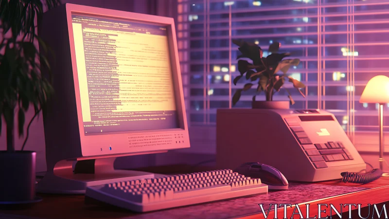 Retro desktop workstation displays code in evening interior