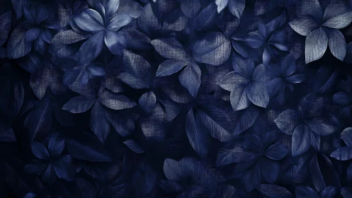 Monochrome navy floral foliage pattern with layered leaves.