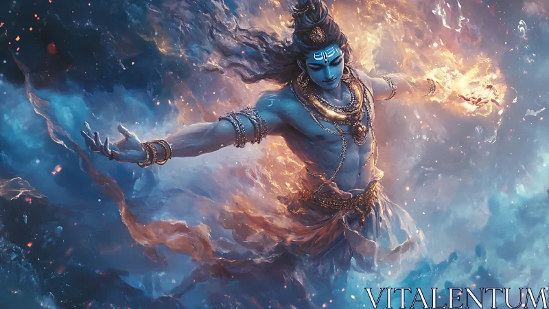 Blue-skinned figure levitates in swirling fire and mist