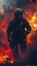 Armored tactical soldier walking through dense flames.