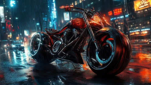 Neon cyberpunk motorcycle burns through slick city rain.